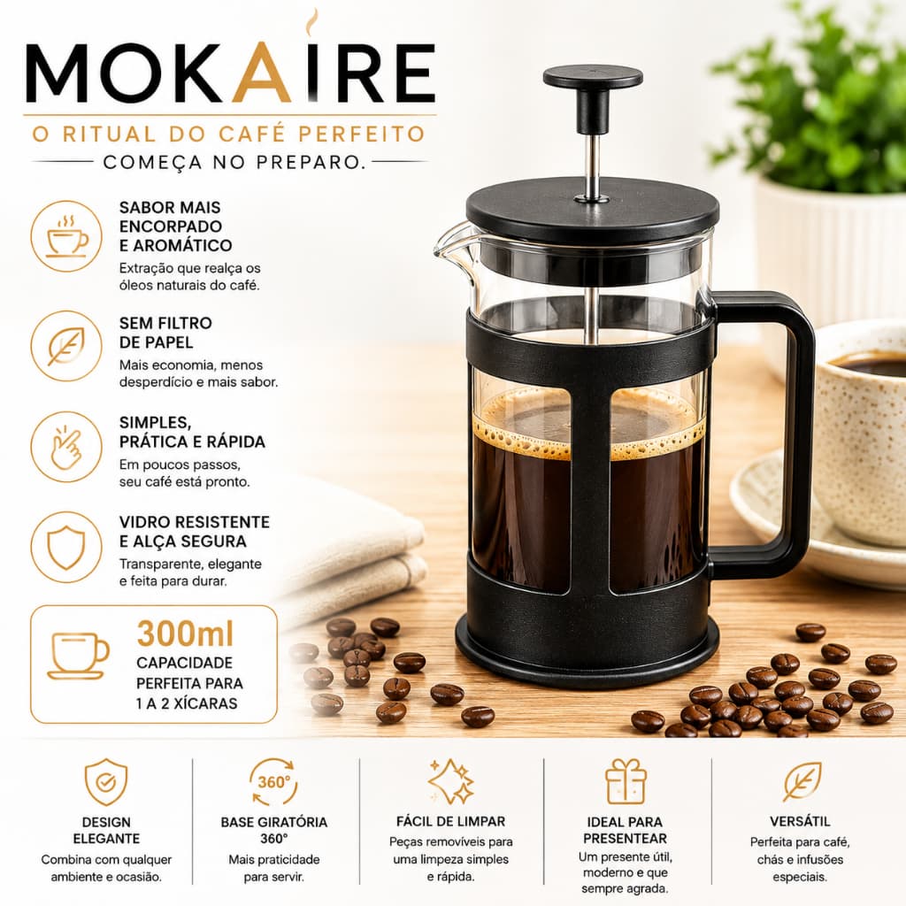 Cafeteira Francesa MOKAIRE 300ml Prensa Francesa de Vidro para Café Chá Infusor Manual com Êmbolo