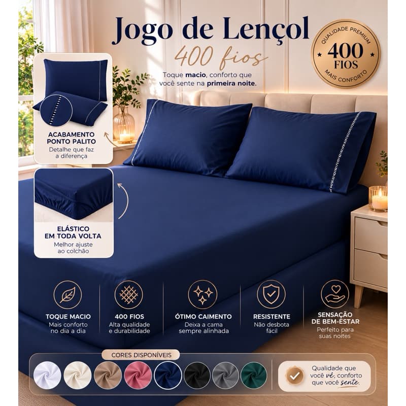 jogo de lençol 400 fios,jogo de cama, lençol com elástico, ponto palito, macio, premium.
