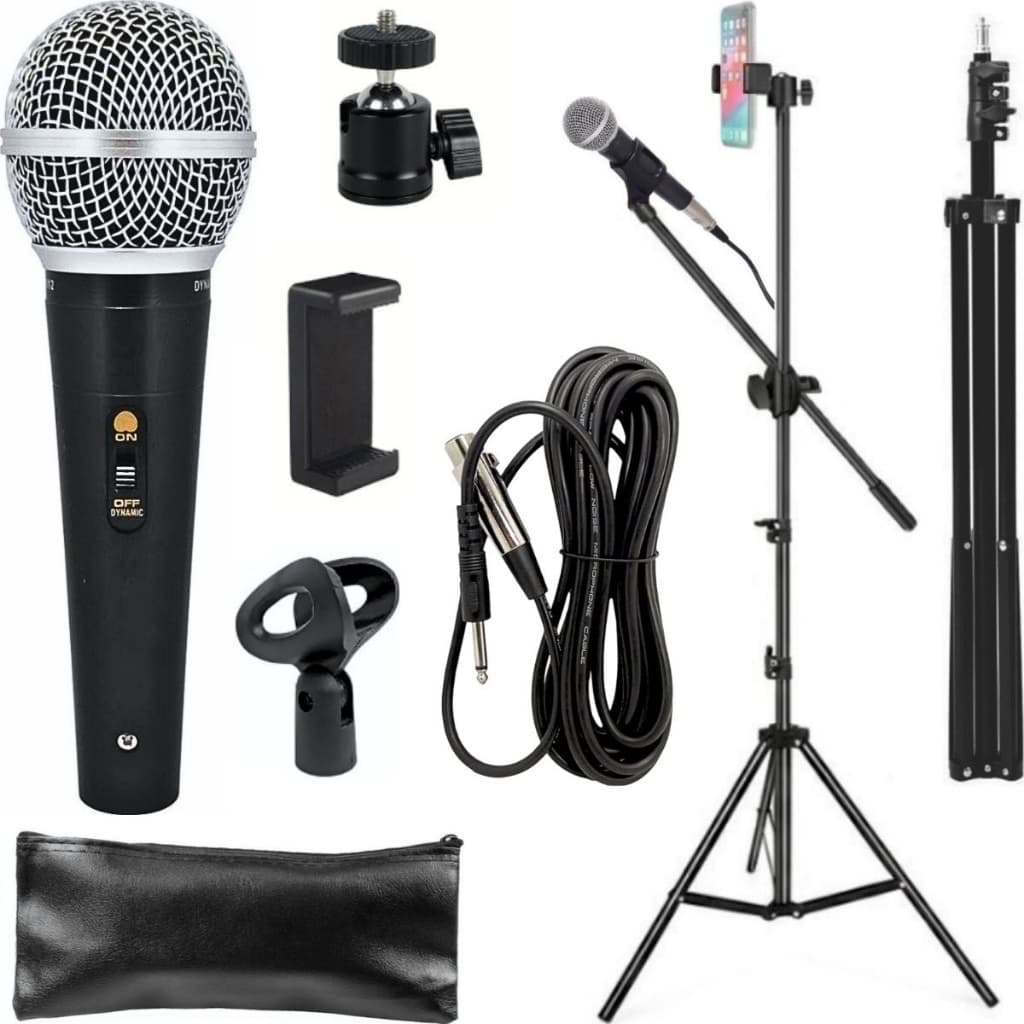 Kit Microfone Profissional Cabo 5m Tripé Articulado Pedestal Girafa Suporte Para Celular