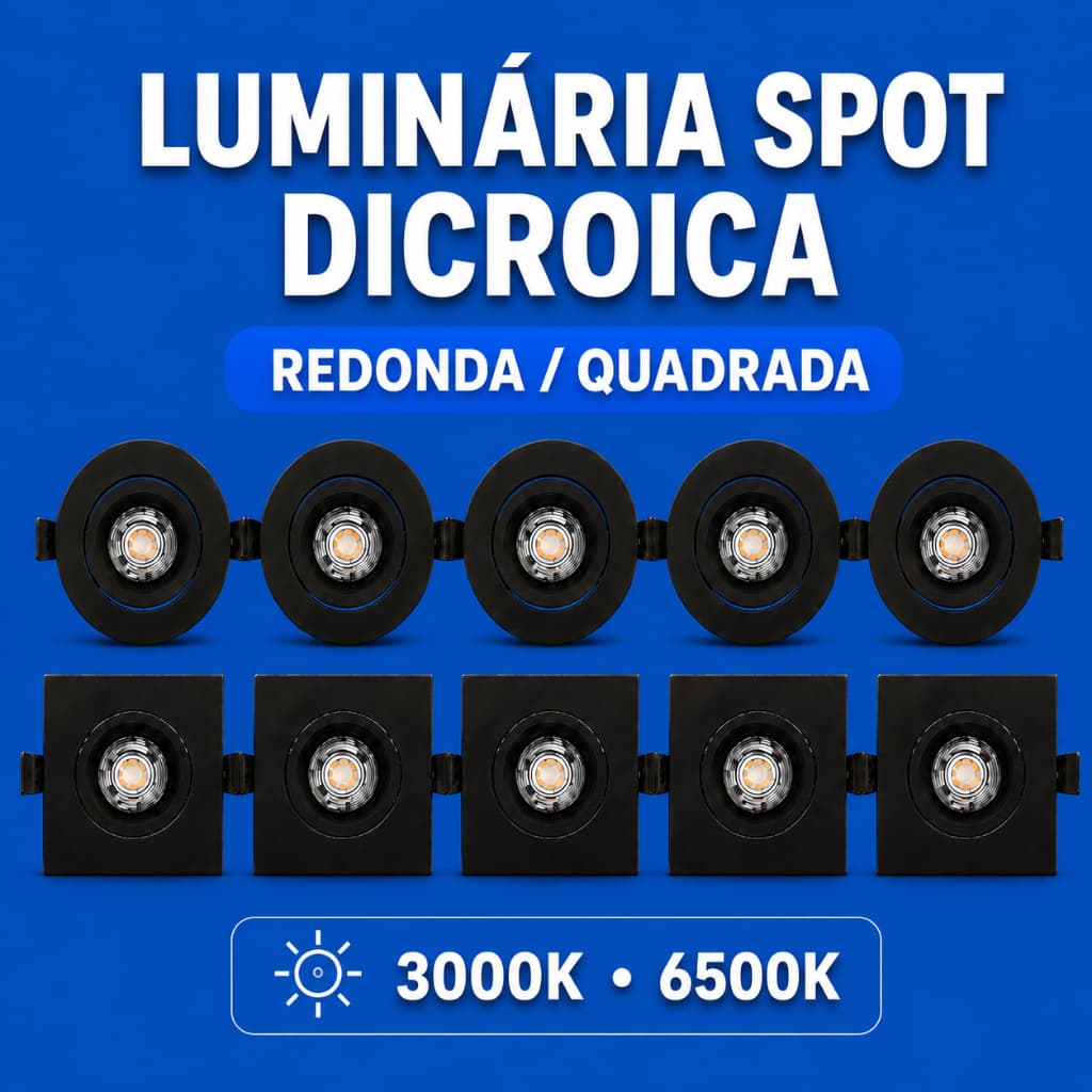 Kit 10 Luminária Spot Dicroica MR16 5W 3000K 6000K Redonda/Quadrada Preta Elgin