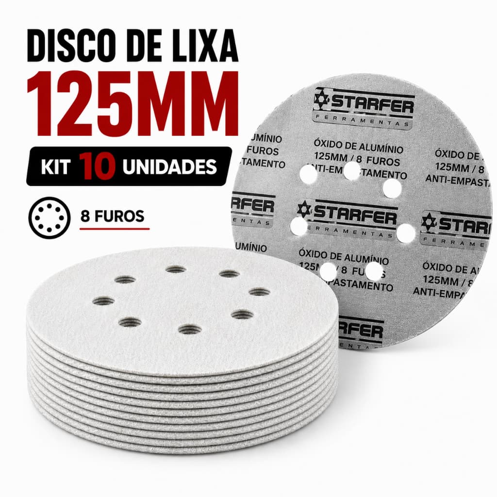 Kit 10 Unidades Disco De Lixa Velcro 125mm Grão 60 Até 1000 8 Furos Roto Orbital Massa Madeira Metal Ferro Lixadeira