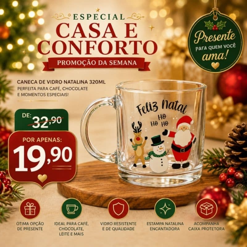 Caneca Natalina Vidro 320ml Café Chocolate Quente Presente Amigo Secreto Decoração de Natal