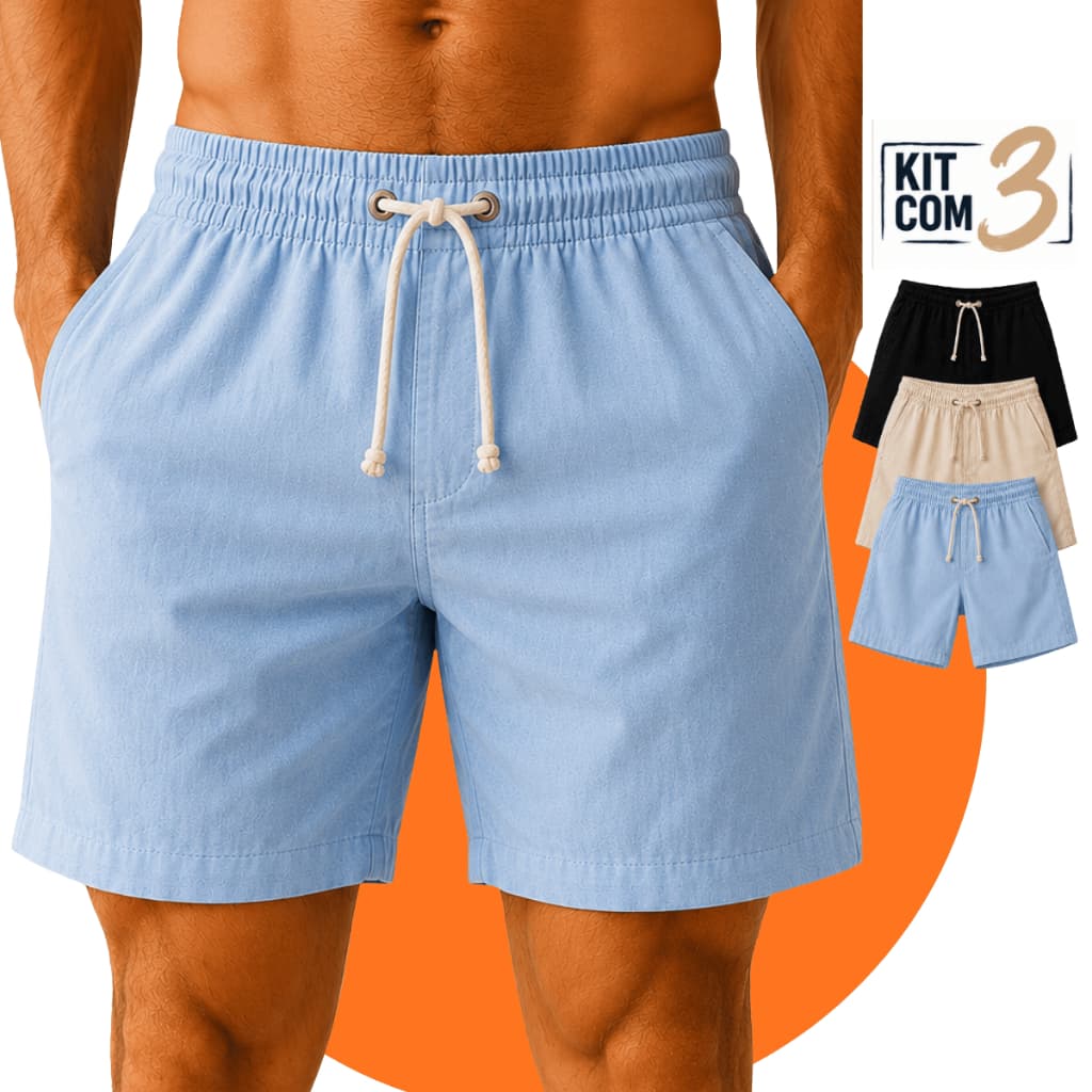 Kit 3 Short Bermuda Linho Masculino Casual Praia Confortavel Mauricinho Leve