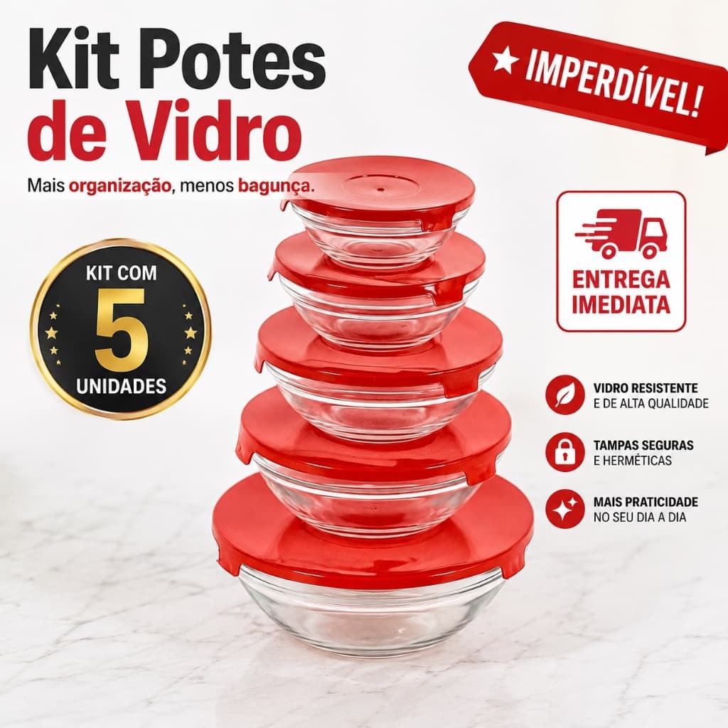 Kit 5 Potes De Vidro Com Tampa Hermetica Organizacao Cozinha Conservacao Organizador de Alimentos