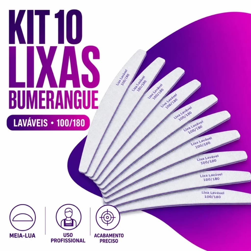 Kit 10 Lixas Bumerangue Laváveis 100/180 BMED para Unhas Gel Acrílico Fibra Manicure Profissional