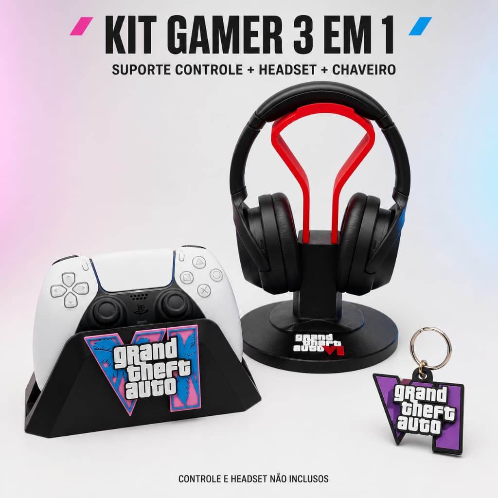 Kit GTA VI Suporte Controle PS5 + Suporte Headset + Chaveiro Gamer 3D