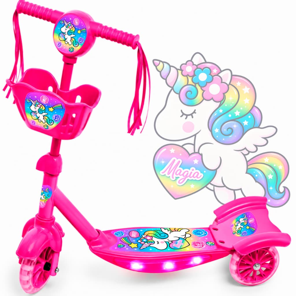 Patinete Menino 3 Rodas Infantil Rosa Unicornio Musica C/Cesta Luz  Musica