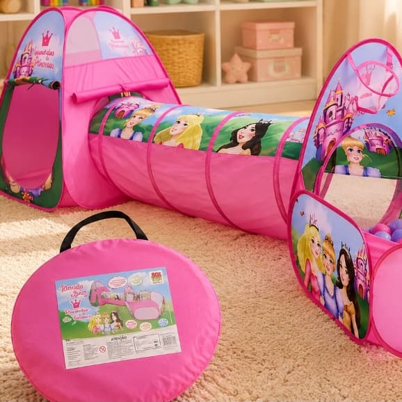 Barraca Infantil 3 em 1 Princesas com Túnel e Cesta DM Toys