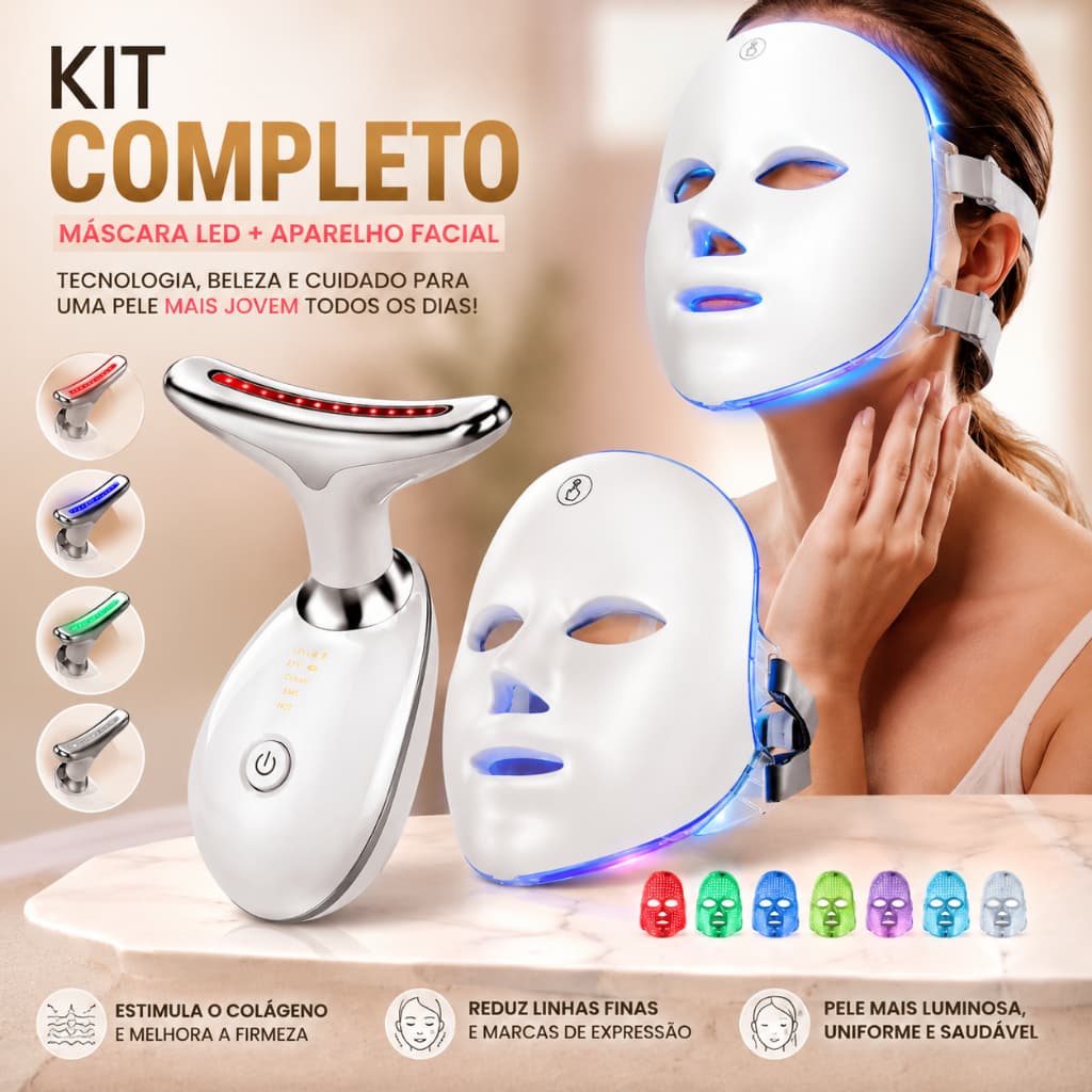 Kit Facial Completo LED + Massageador Anti-idade Premium