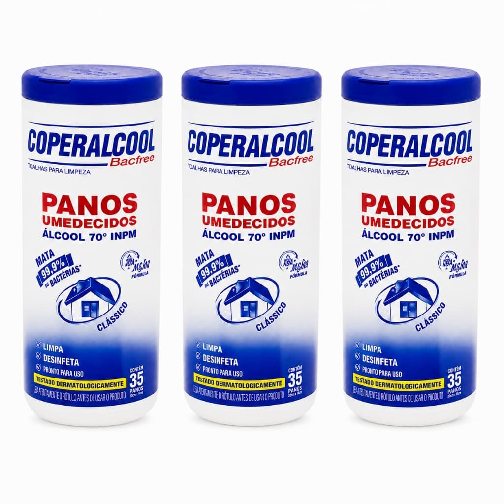 Kit 3 Panos Umedecidos Coperalcool Bacfree Álcool 70° INPM 35 Unidades Cada Limpa e Desinfeta