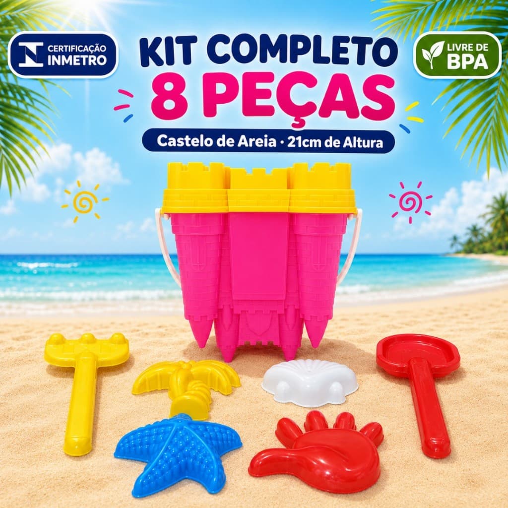 Baldinho de Praia Areia Infantil Kit Castelo 8 Peças Balde Grande Brinquedo Menino Menina Pá Rastelo Molde