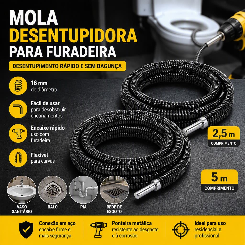Desentupidor de Pia Mola Desentupidora 5m para Furadeira Flexível Ralo Vaso Sanitário Tanque Cozinha Canos