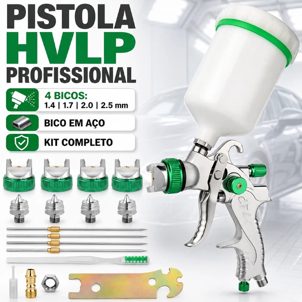 Pistola HVLP Profissional 1.4/1.7/2.0/2.5mm  Bico em Aço, Gravidade para Pintura de Carro - Kit Completo