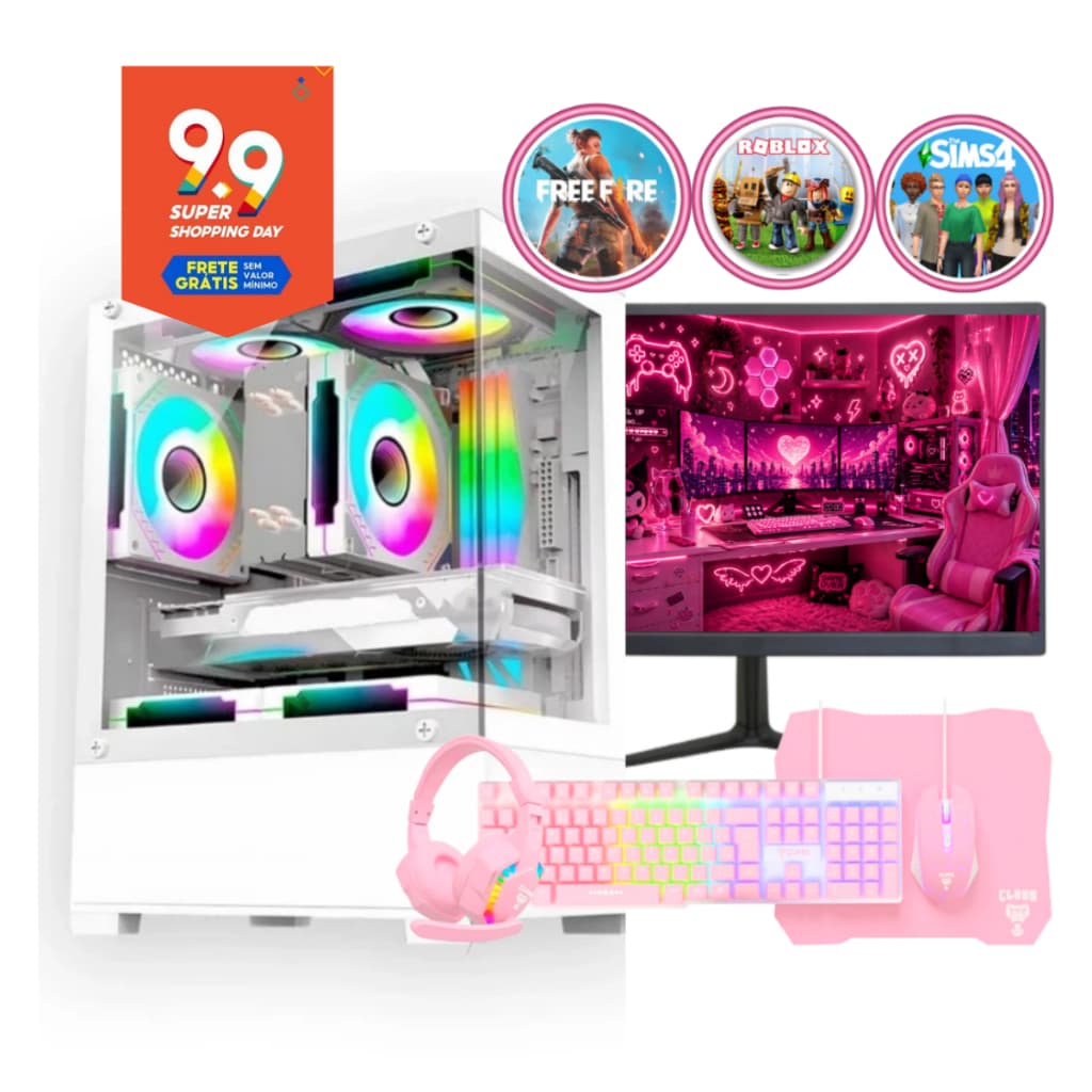 Computador Gamer Completo Branco e Rosa Teclado Mouse Fone de ouvido Roblox Free fire