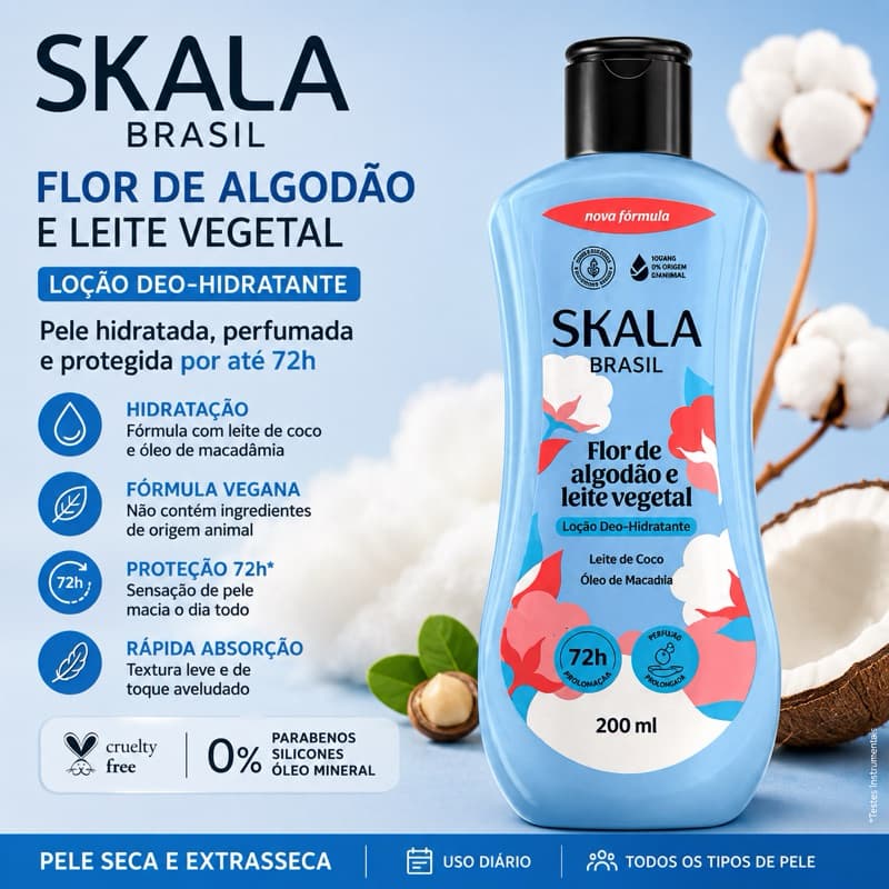 Loção Deo-Hidratante Skala Flor de Algodão e Leite Vegetal 200ml