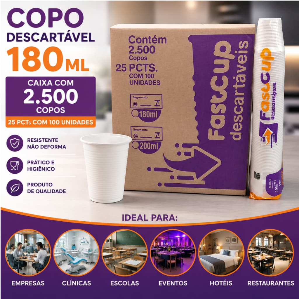 COPO DESCARTÁVEL 180ML BRANCO REFORÇADO PARA ÁGUA SUCO REFRIGERANTE E FESTAS