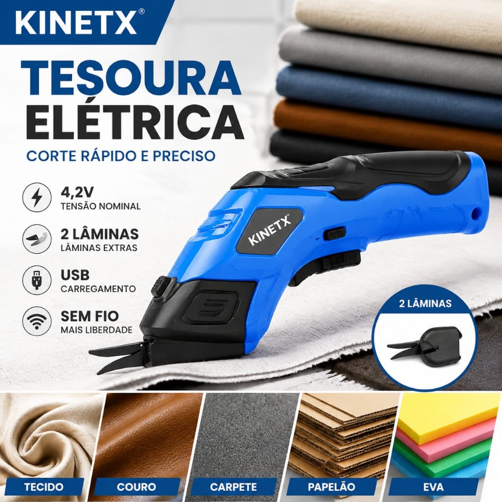 Tesoura Eletrica De Costura A Bateria USB Cortadora Para Tecido Couro Carpete Papelao Eva Sem Fio Com 2 Laminas