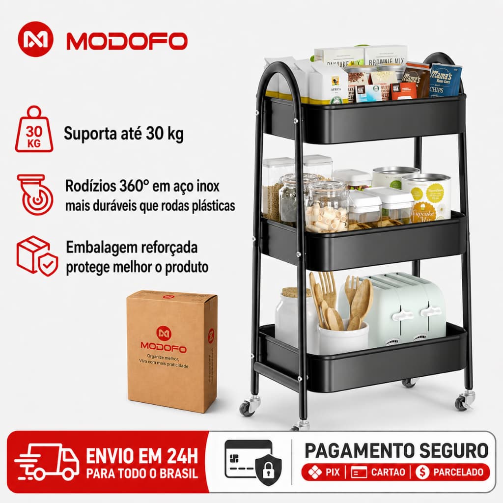 MODOFO Carrinho auxiliar rosa branco preto com rodas , Carrinho Organizador Multiuso 3 Prateleiras Para Casa e Escritóri