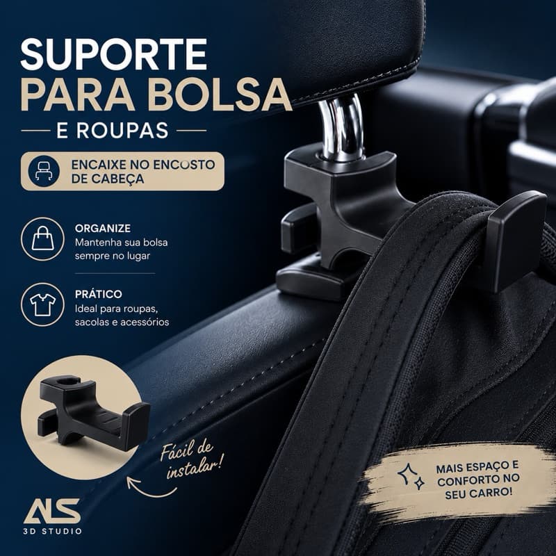 Suporte de Banco para Carro 3D – Organizador para Bolsa , Mochila e ou Cabide de Roupas