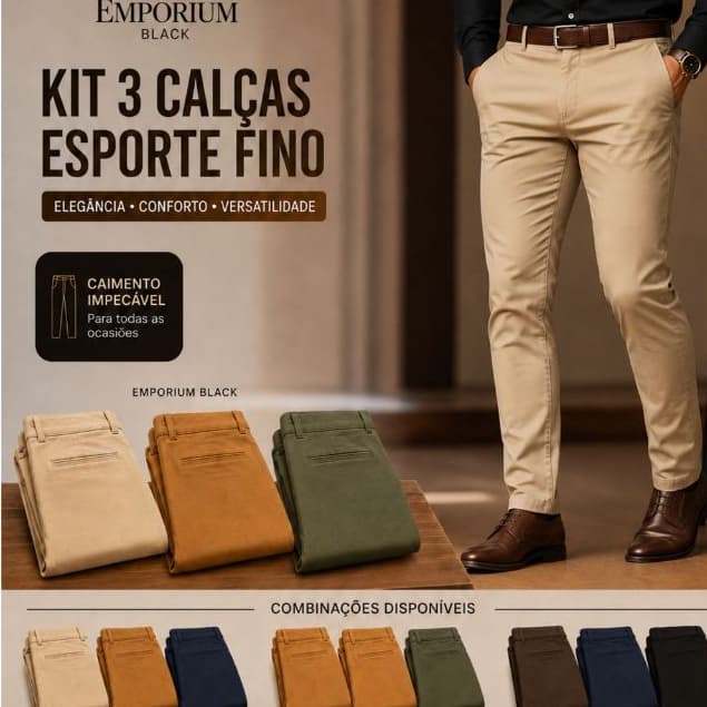 Kit 3 Calças bolso faca alfaiataria Tradicionais Slim Fit em Sarja com 2% elastano
