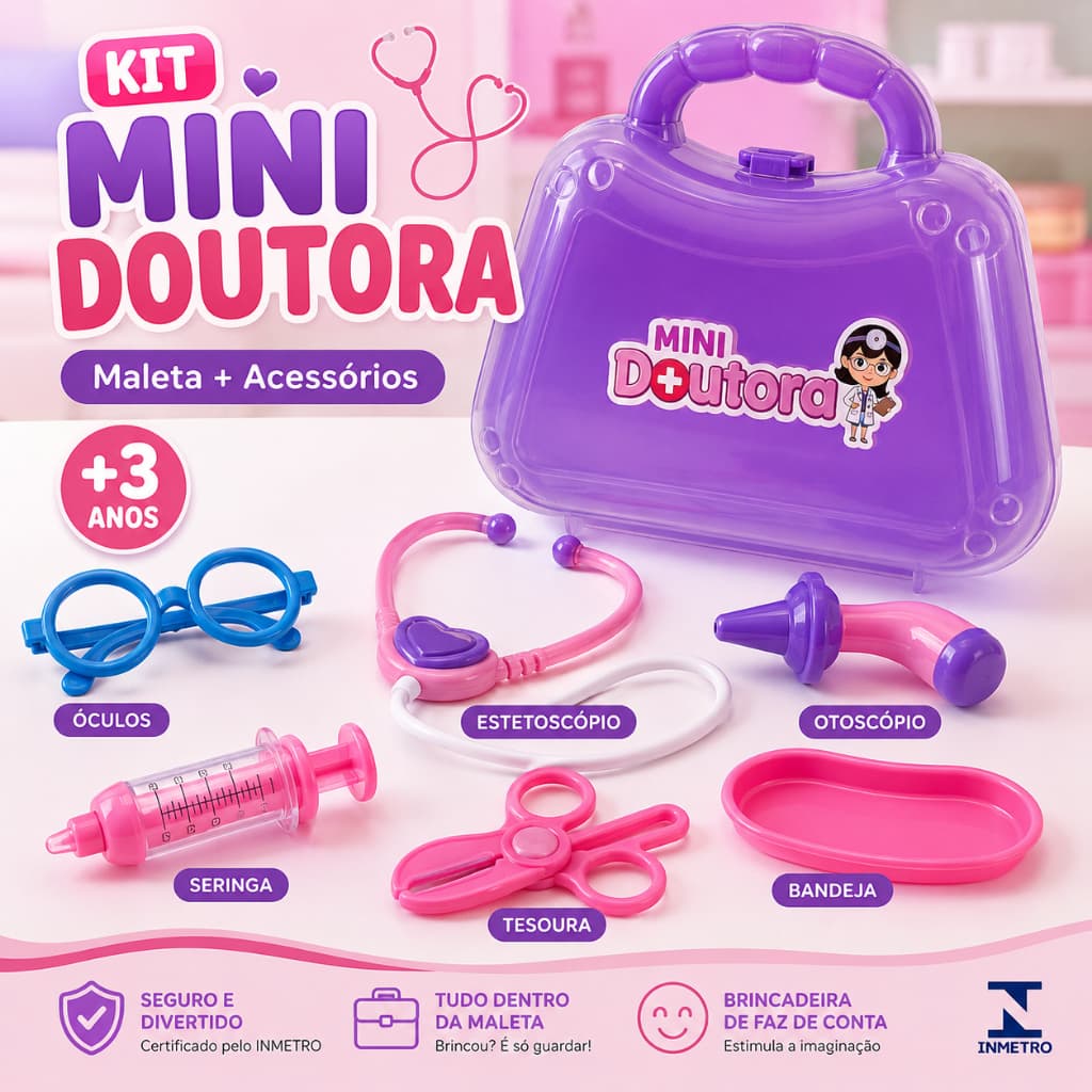 MALETA MINI DOUTORA – KIT MÉDICO INFANTIL 7 PEÇAS +3 ANOS