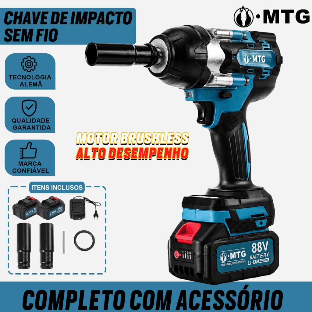 Chave de Impacto Sem Fio 88V Brushless 1/2" com 2 Baterias, Carregador e Acessórios MTG