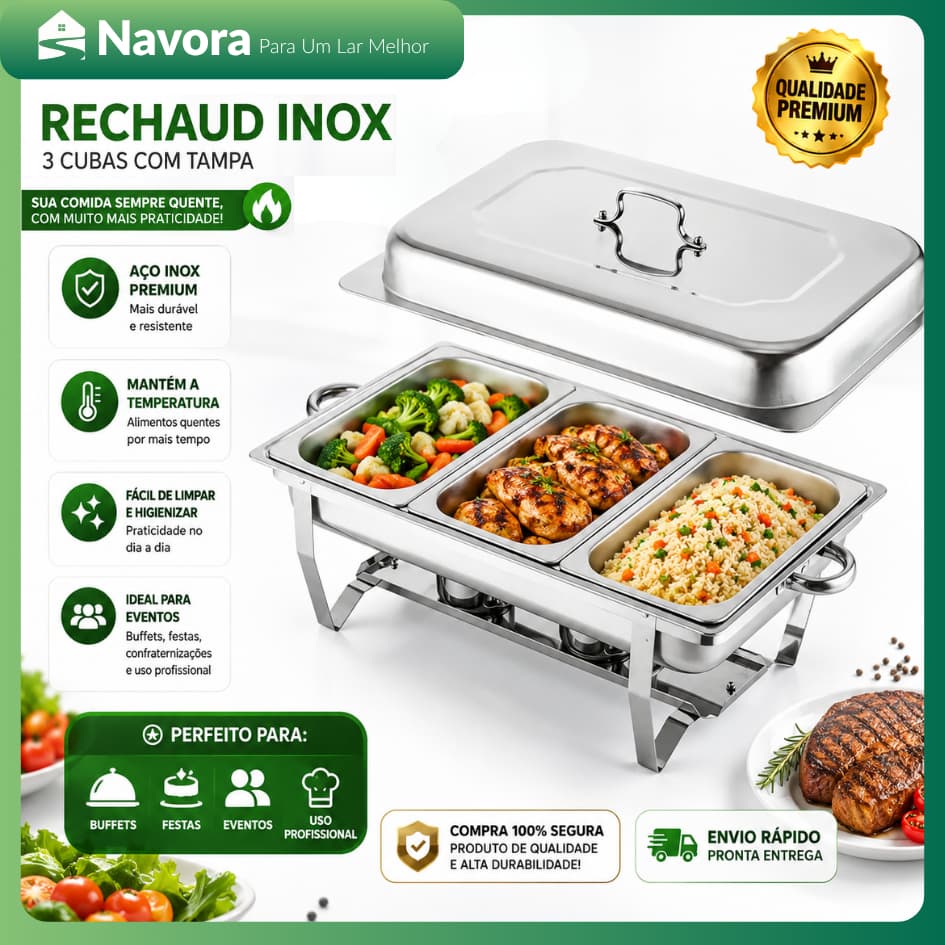 Rechaud Inox Buffet Profissional com Aquecedor de Alimentos para Festas e Eventos