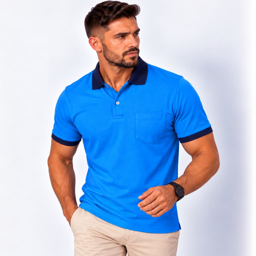 Camisa Polo Masculina Azul Médio Básica com Bolso 100% Algodão Casual