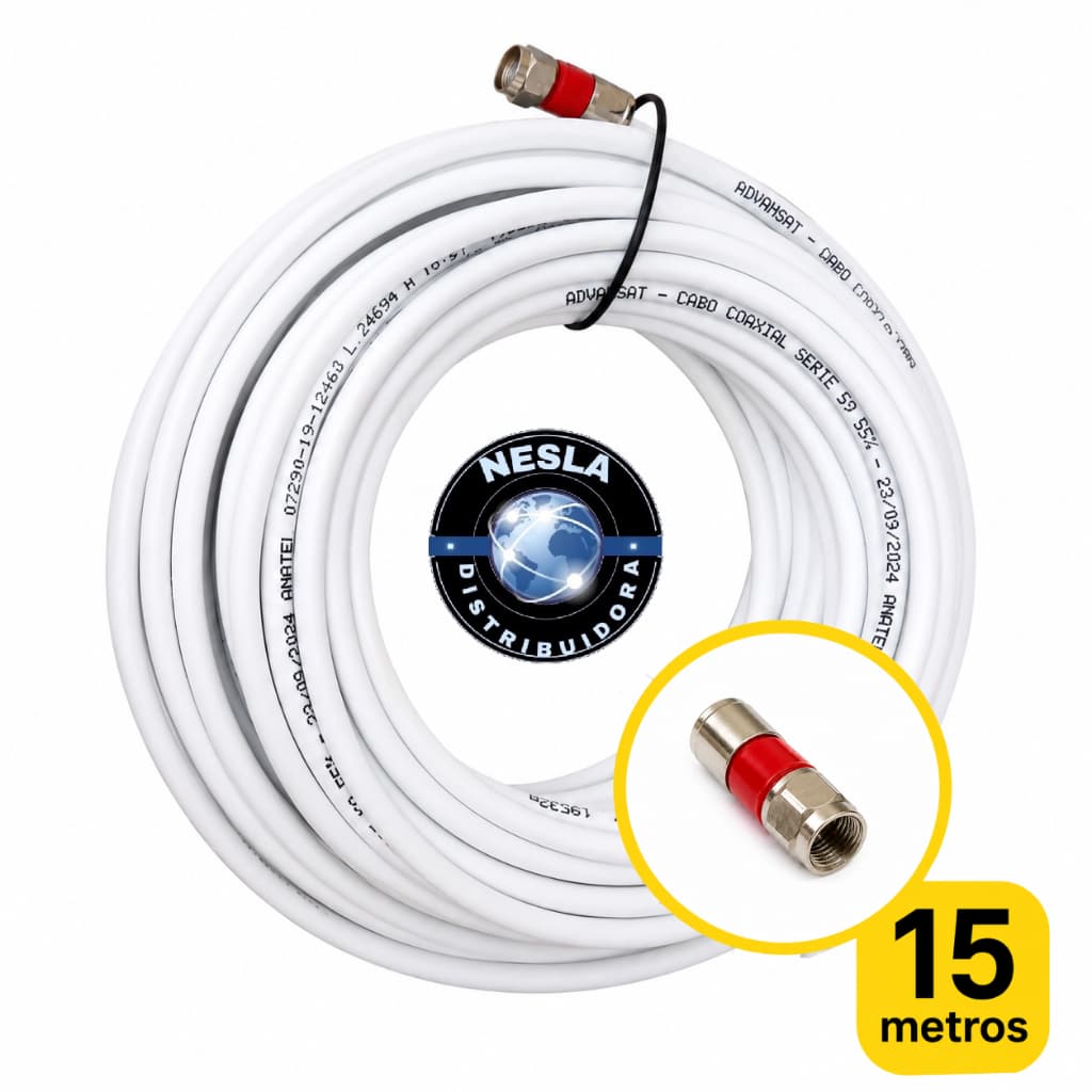 CABO COAXIAL RG59 55% 15M COM 2 CONECTORES DE COMPRESSÃO - ADVANSAT