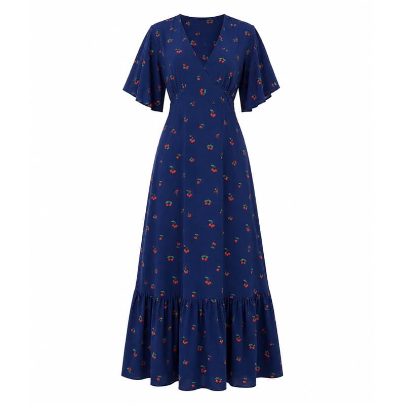 Vestido Longo Estampa Cereja Vestido Elegante Vestido Feminino Preto