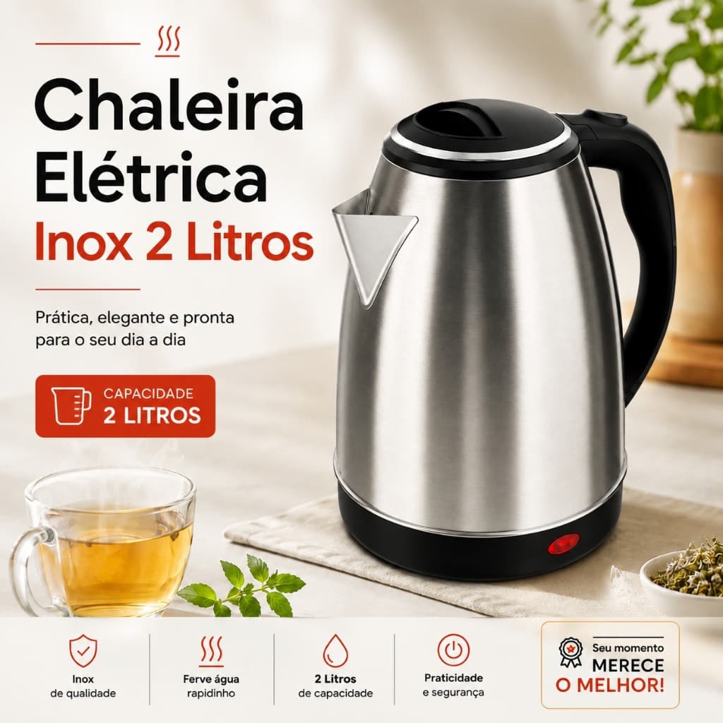 Chaleira Elétrica Inox 2 Litros 127V e 220V Startools 1000W e 1500W Jarra Elétrica com Base Giratória 360°