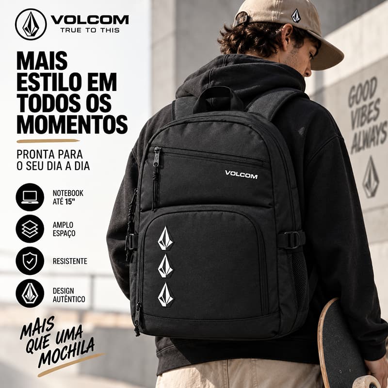 Mochila Volcom Masculina Notebook Escolar Faculdade Trabalho Viagem Reforçada 20L Preta