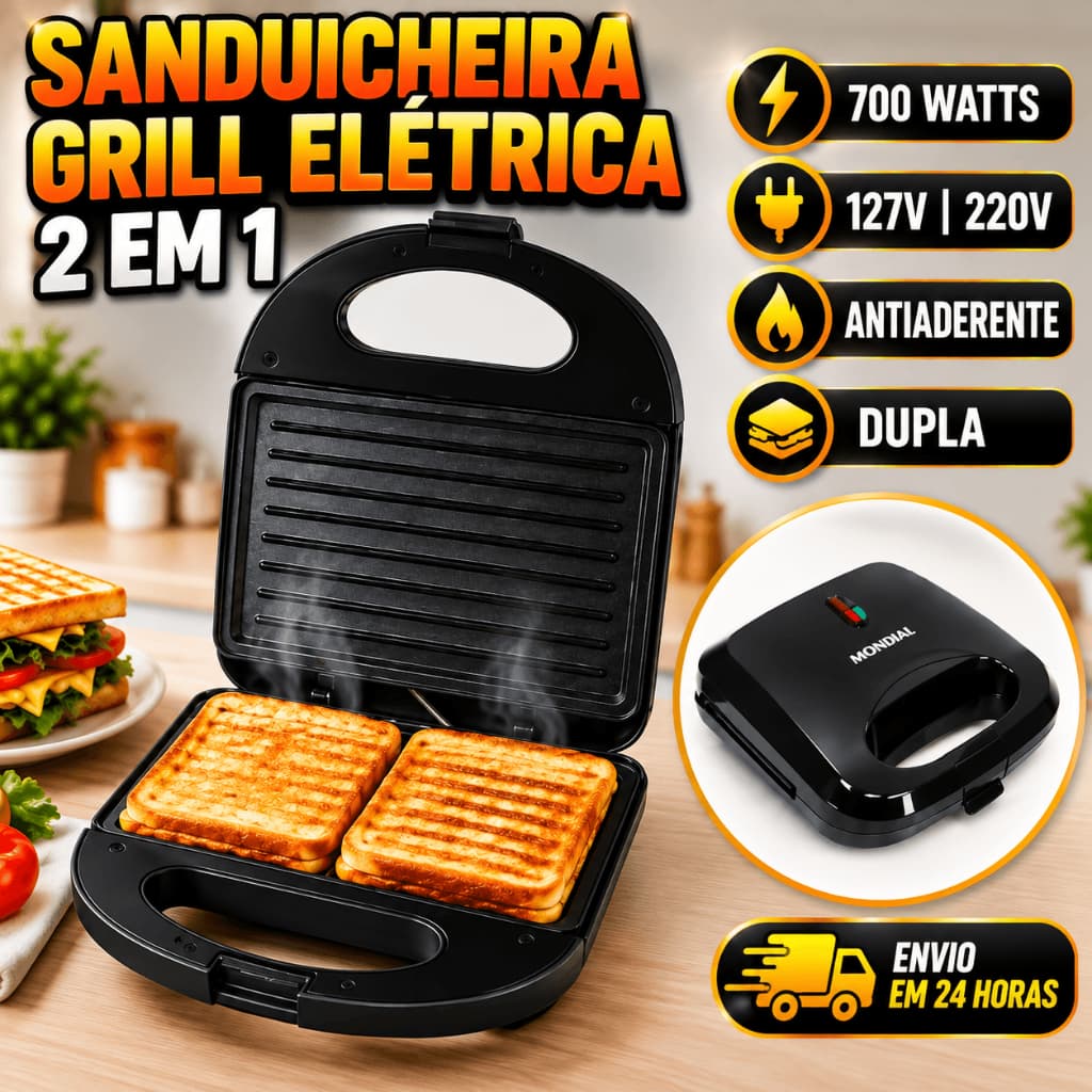 Sanduicheira Grill Eletrica Antiaderente 2 Em 1 Prensa Dupla 750w Potente 127V e 220V Cozinha Rapida Saudavel
