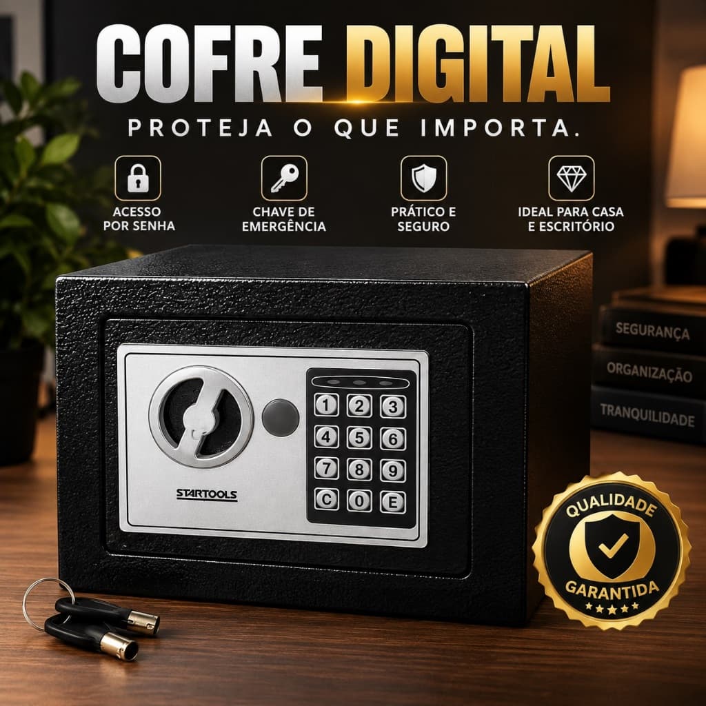 Cofre Eletrônico Digital Reforçado com Teclado, Senha e Chave de Emergência Preto para Casa e Escritório
