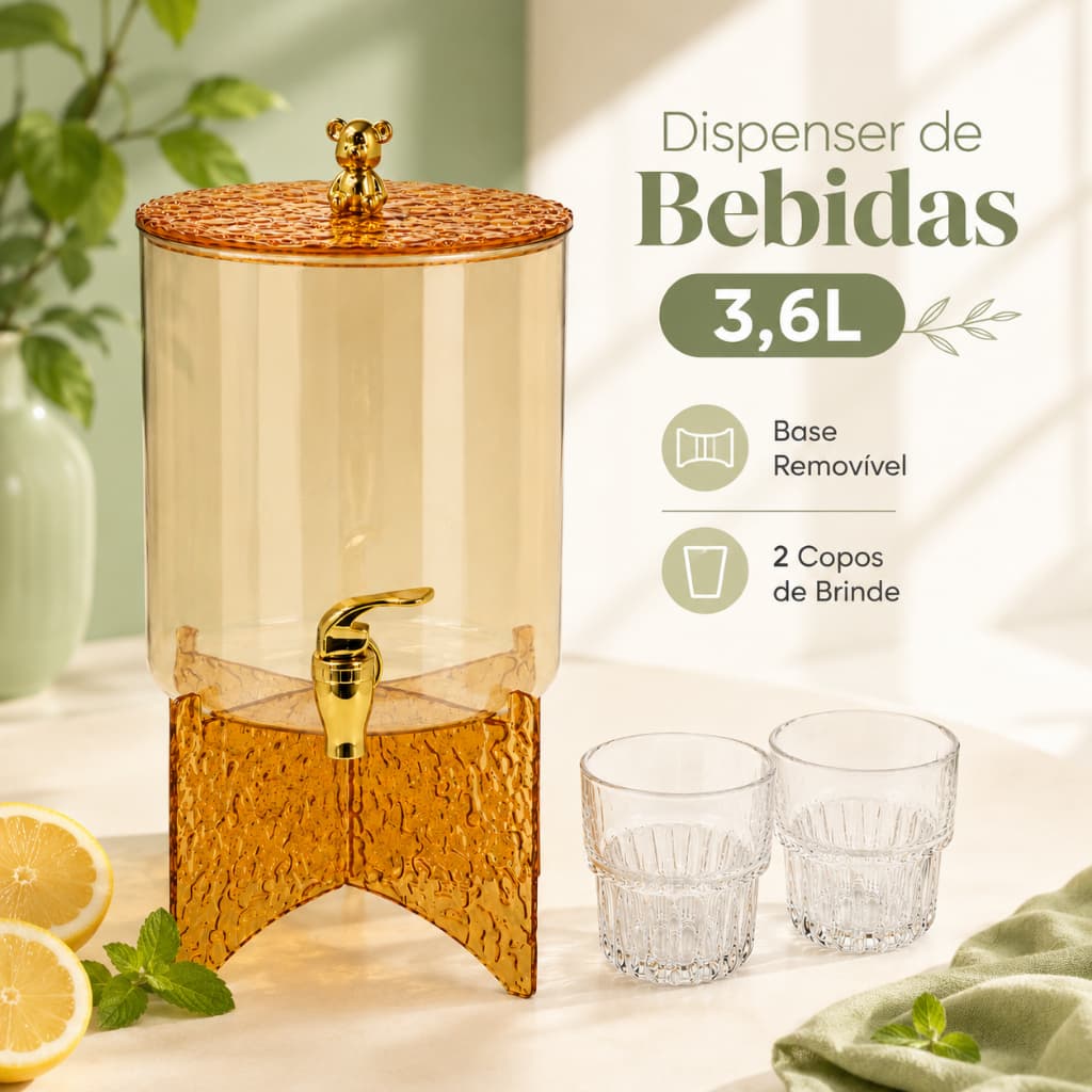 Dispenser de Bebidas 3,6L Suqueira de Vidro com Torneira Dourada + 2 Copos para Água Suco Festa Buffet Mesa Posta