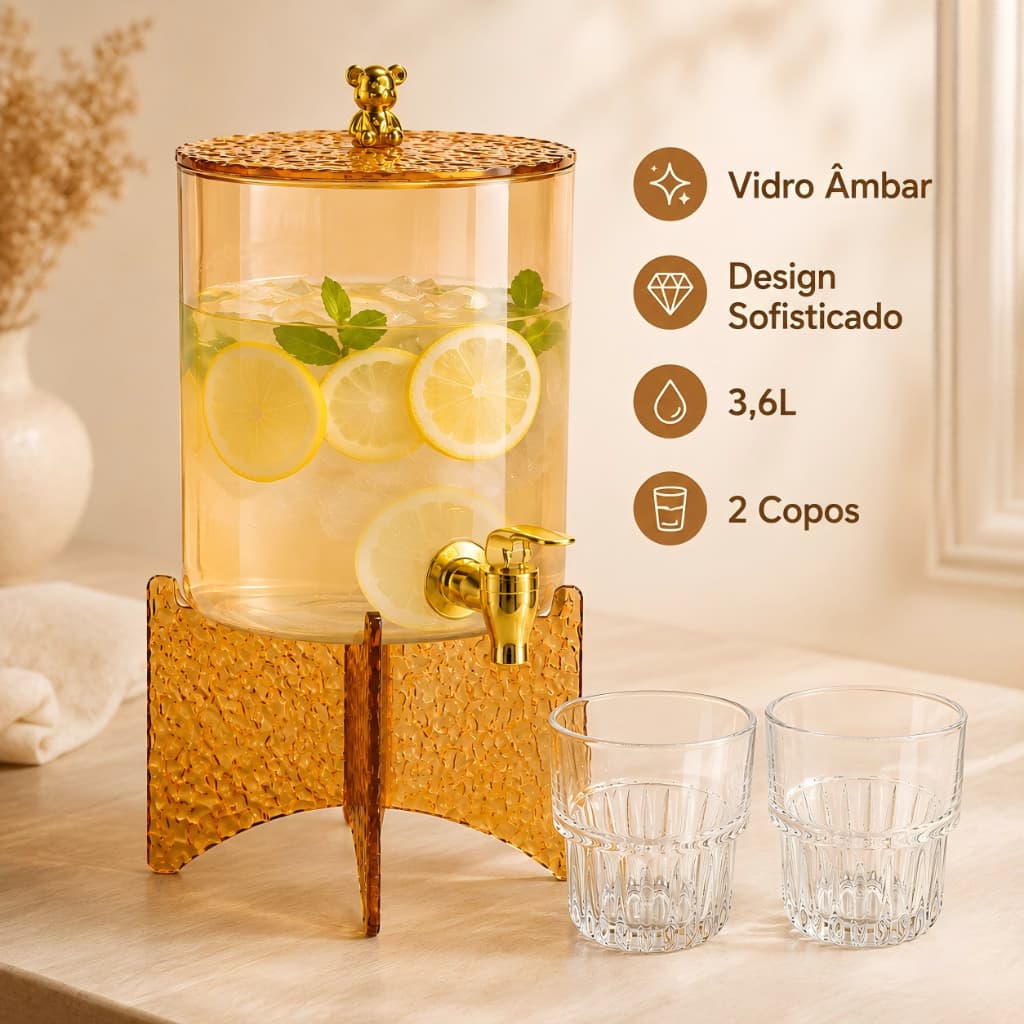Suqueira Âmbar 3,6L de Vidro com Torneira Dourada + 2 Copos Jarra Elegante para Mesa Posta Festa Buffet Cozinha