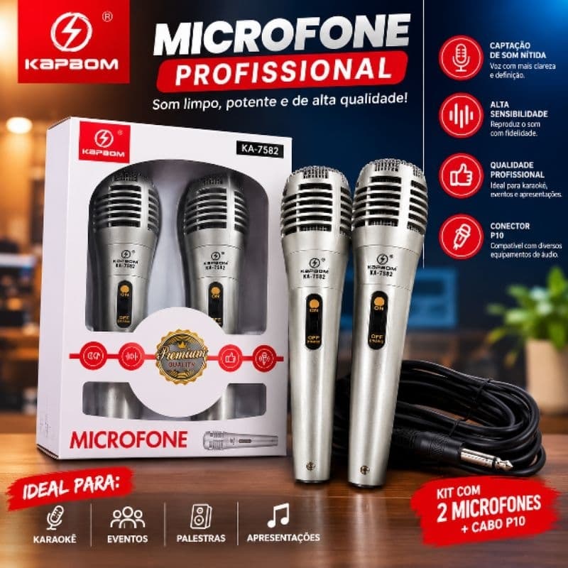 Kit Microfone Profissional Kapbom KA-7582 com 2 Microfones Dinâmicos e Cabo P10 para Karaokê, Eventos e Apresentações
