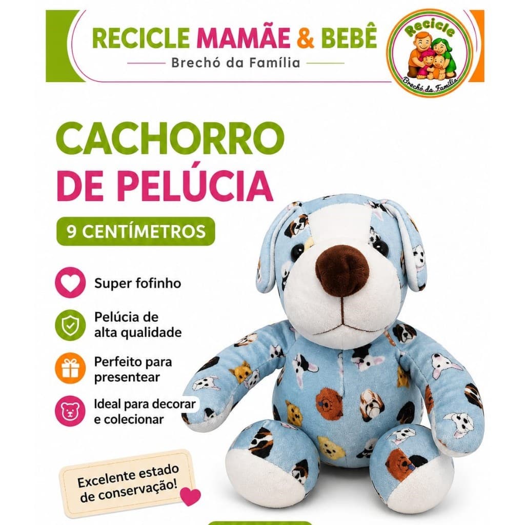 📸 Cachorro de Pelúcia 9 cm – Recicle Mamãe & Bebê Brechó da Família