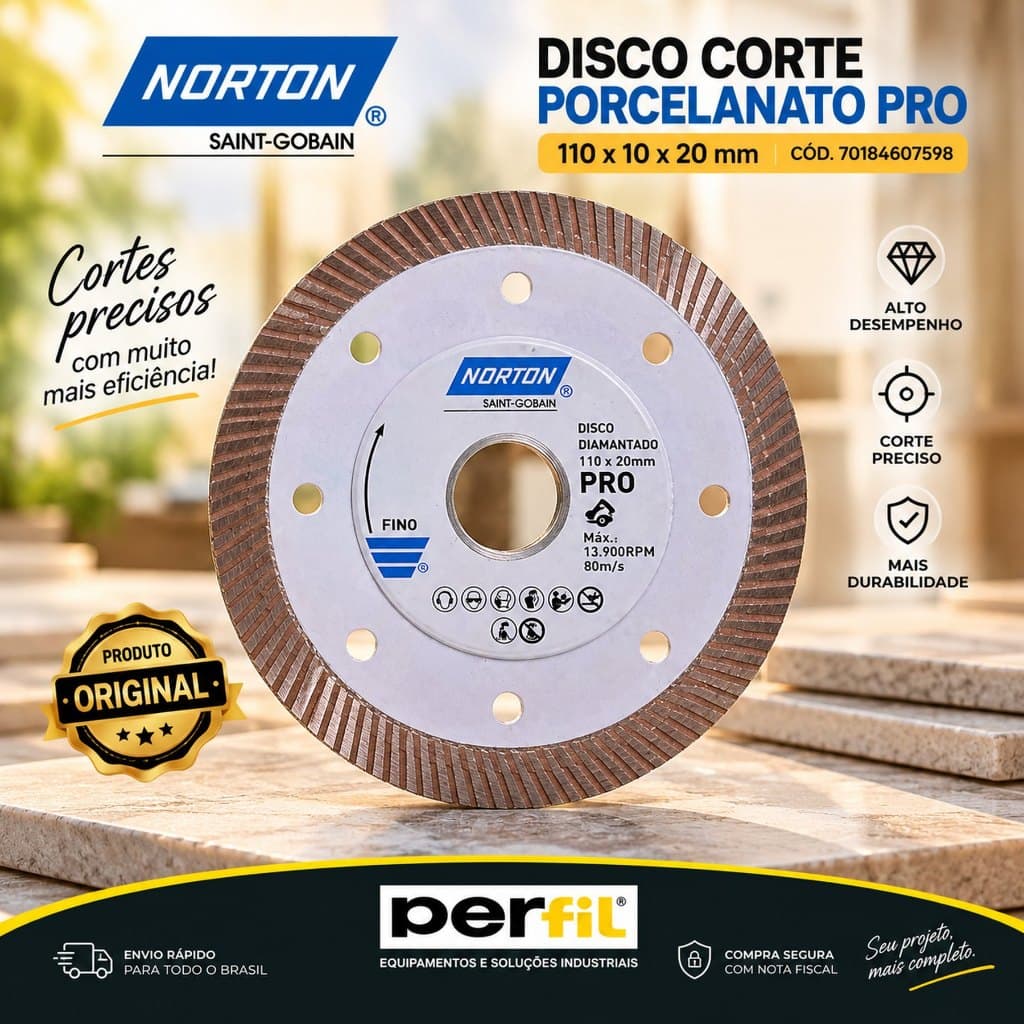 Disco De Corte Diamantado Porcelanato Extra Fino 110x20mm Pro Norton - Não Lasca disco de porcelanato