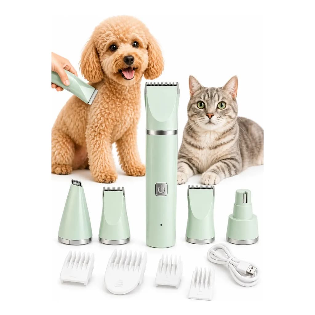 Máquina de Tosa Pet 4 em 1 Silenciosa Sem Fio Recarregável USB Cães e Gatos Kit Aparador com Pentes Verde