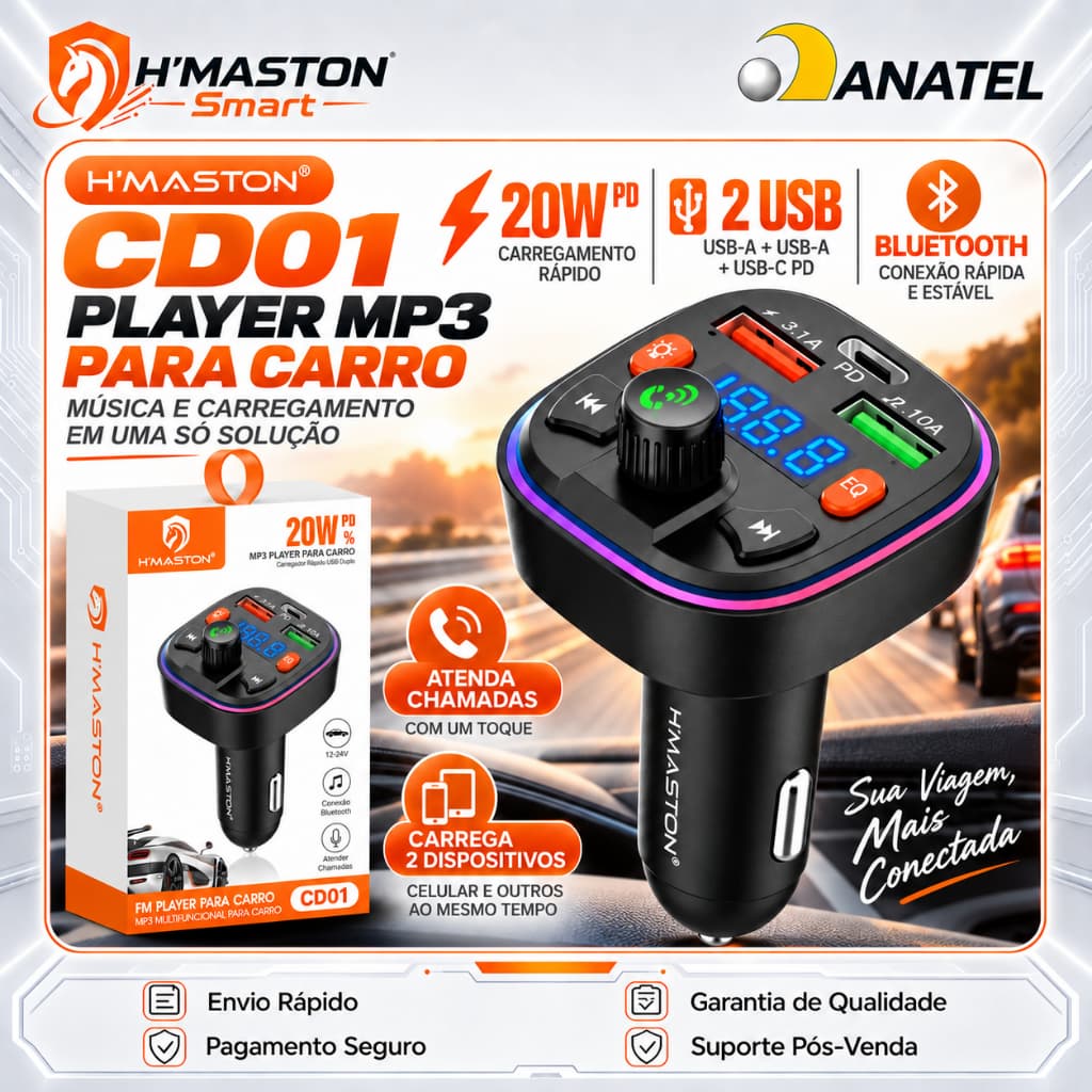 H'MASTON CD01 Adaptador Bluetooth Carro Carregador Veicular Turbo 20W Transmissor Fm Bluetooth Carregador Mp3