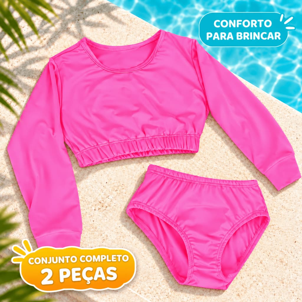 Biquíni Infantil Cropped Rosa Manga Longa Praia Piscina Verão