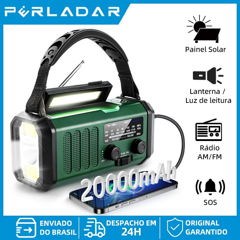 Rádio Portátil de Emergência Bateria 20.000mAh com Manivela e Painel Solar, Lanterna LED, Power Bank,  Rádio AM/FM