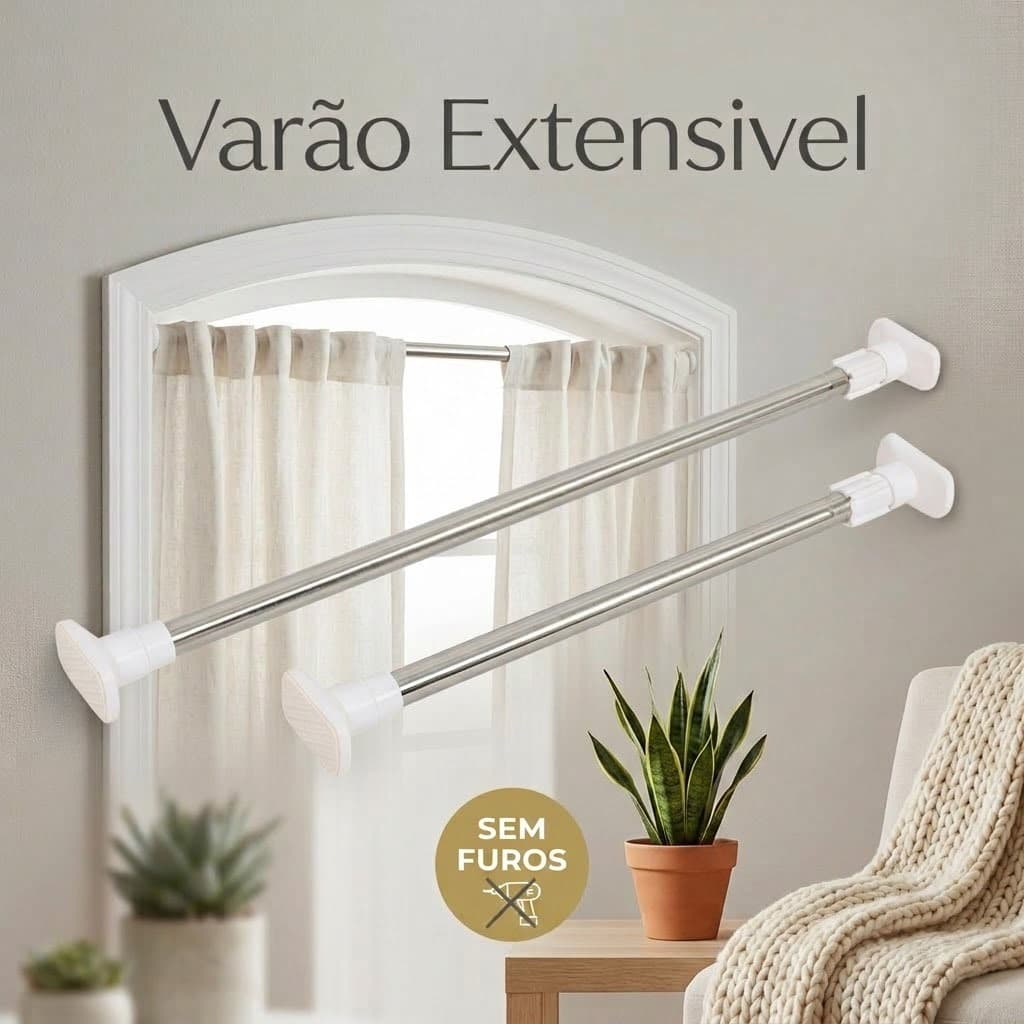 Varão Extensivel SEM FUROS Grande Maior Medida Em Inox Multiuso Resistente Porta Cortina De Box E Banheiro