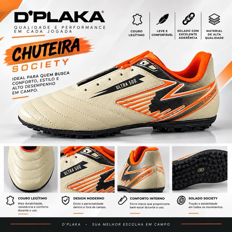 Chuteira D’Plaka em Couro – Futebol de Campo | Conforto, Resistência e Estilo