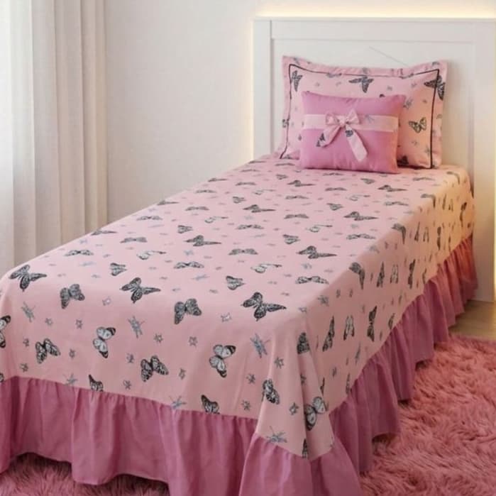 Kit Colcha Cobre Leito Solteiro Lençol 3 peças com Babado e Capa de Almofada Com Laço Estampados LAILA
