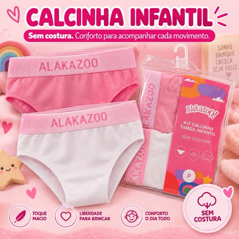 Kit Calcinha Infantil Sem Costura Alakazoo Menina Microfibra Confortável PP ao GG