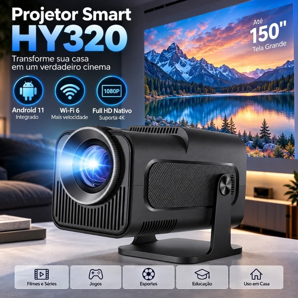 Projetor HY320 Smart Android 11 Full HD Nativo 1080p WiFi 6 Bluetooth 5.0 Suporta 4K Rotação 180°