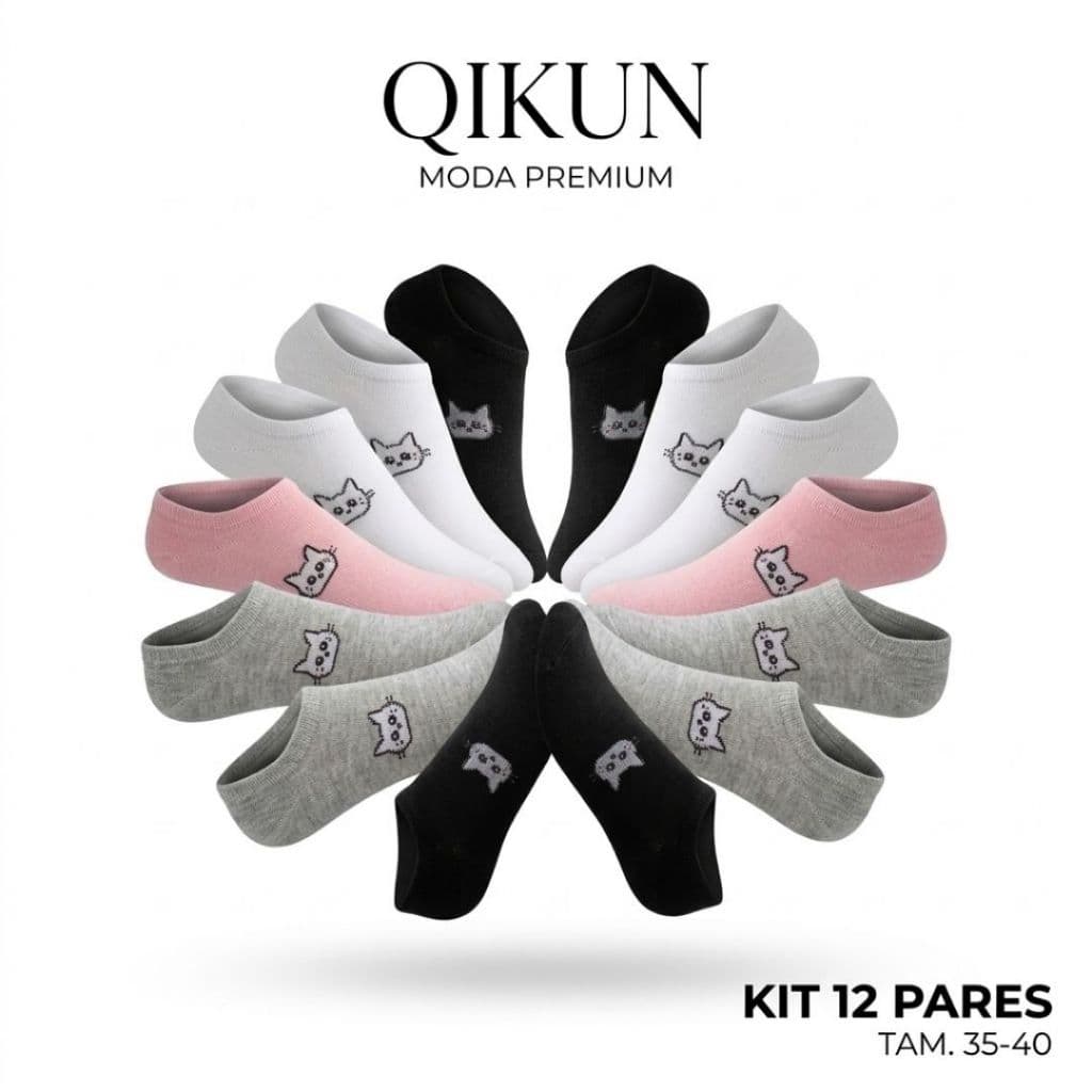 Kit 12 Pares Meia Sapatilha Invisível Cores e Estampas Sortidas Conforme Estoque 35 ao 40