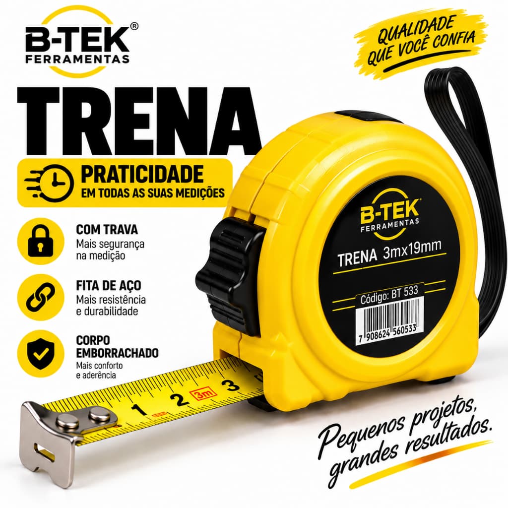 Trena Profissional 3 Metros com Trava 19mm Fita de Aço Emborrachada B-TEK